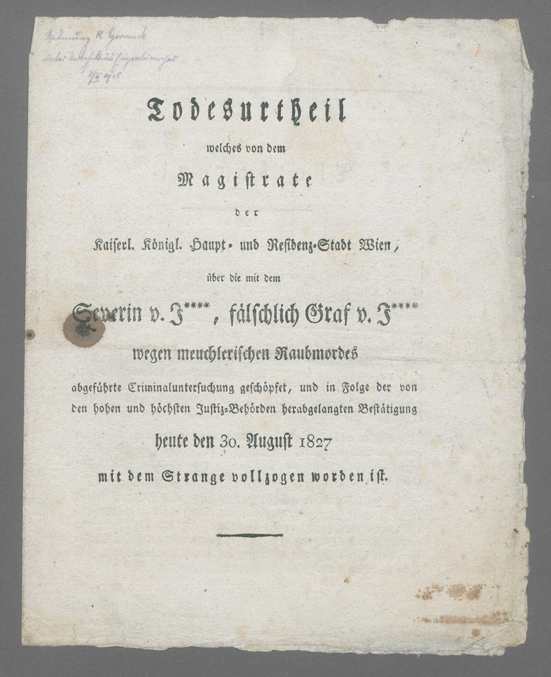 Lot 558, Auction  127, Todesurtheil, welches von dem Magistrate der kaiserl. Königl. Haupt- und Residenz-Stadt Wien