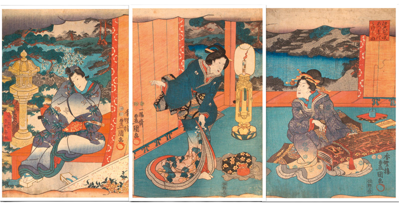 Lot 634, Auction  127, Kunisada, Utagawa, Holzschnitt der Serie "Nise Murasaki Inaka Genji". Triptychon