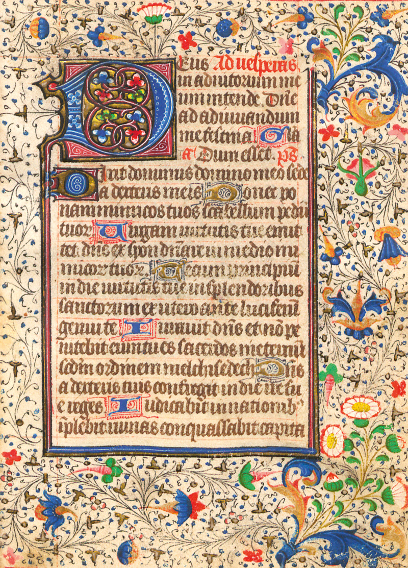 Lot 1016, Auction  127, Dornblattranken-Bordüren, 3 Doppellagen aus einem spätmittelalterlichen Stundenbuch in lateinischer Handschrift