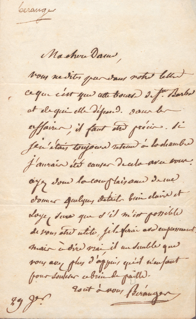 Lot 2505, Auction 127, Béranger, Pierre-Jean de, Brief an Mad. Roland in Paris. Um 1850