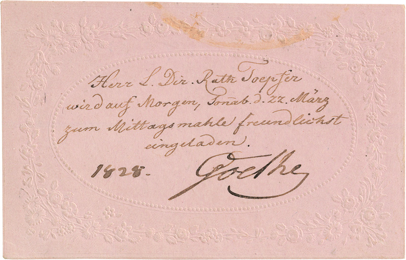 Lot 2516, Auction 127, Goethe, Johann Wolfgang von, Signierte Visitenkarte mit einer Einladung. 1828