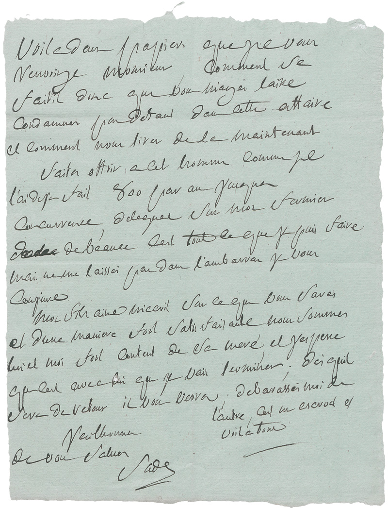 Lot 2530, Auction 127, Sade, Donation Alphonse Marquis de, Brief an einen Herrn über eine "Affaire". Wohl vor 1800