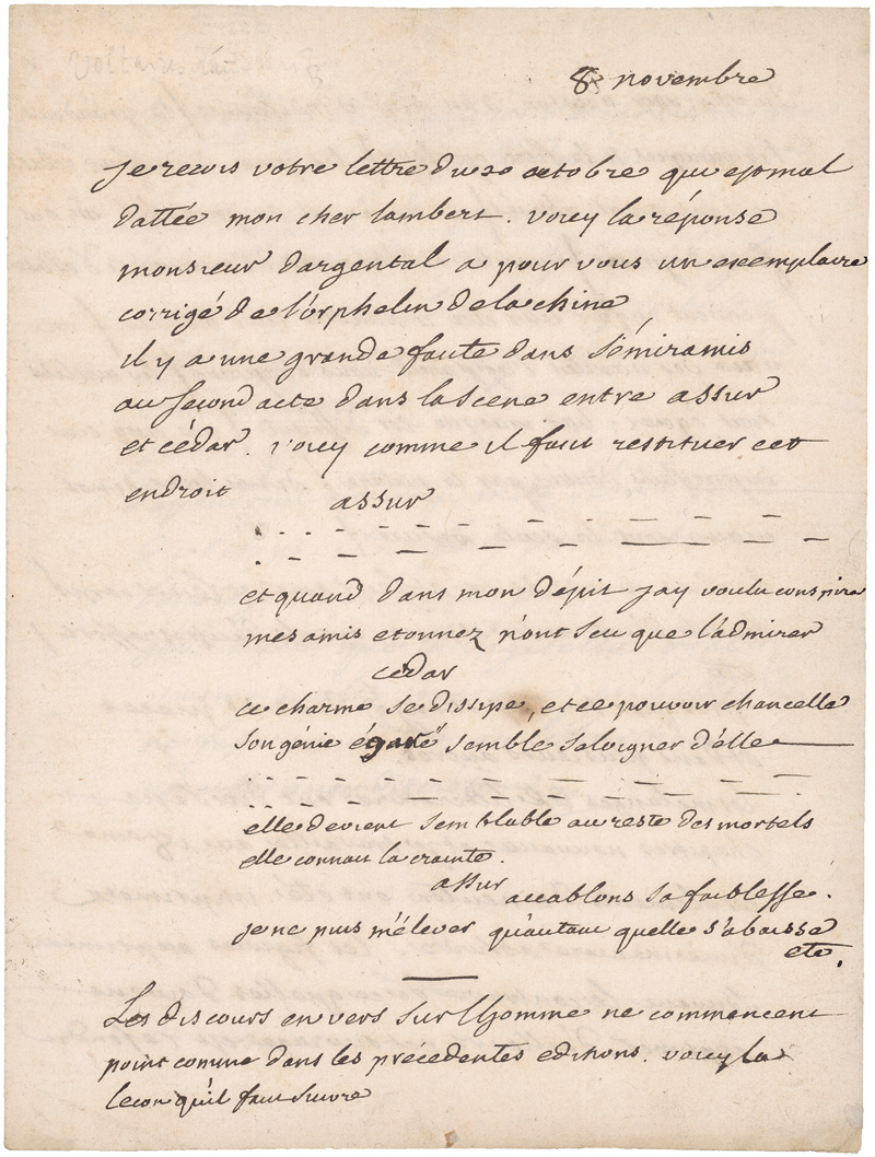 Lot 2547, Auction 127, Voltaire, Fr.-M. Arouet, gen., Brief an den Buchhändler Lambert über mehrere seiner Werke. Wohl um 1770