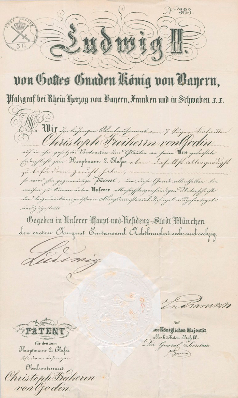 Lot 2580, Auction 127, Bayern., Urkunde: Patent als Hauptmann 2. Classe.1866