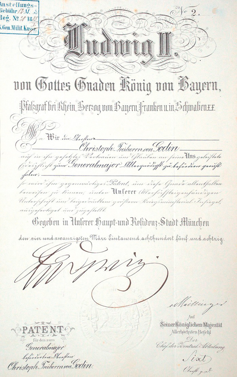 Lot 2581, Auction 127, Bayern., Urkunde: Patent als Generalmajor für Oberst von Godin. 1885