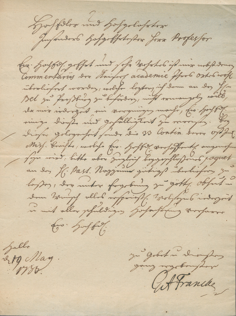 Lot 2588, Auction  127, Francke, Gotthilf August, Brief an einen Theologie-Professor. 1733