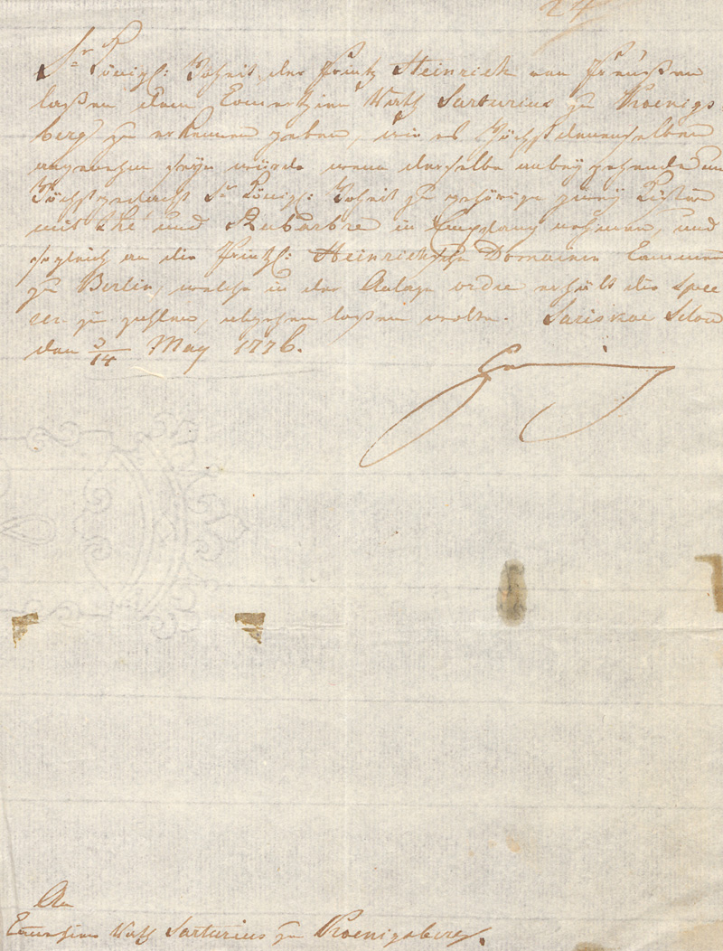 Lot 2594, Auction  127, Heinrich, Prinz von Preußen, Brief an den Kommerzienrat Sartorius in Königsberg. 1776