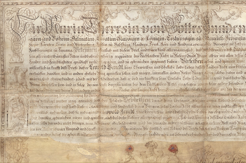 Lot 2599, Auction 127, Maria Theresia, Kaiserin von Österreich, Pergament-Urkunde mit gezeichneter Ornamentik. 1743