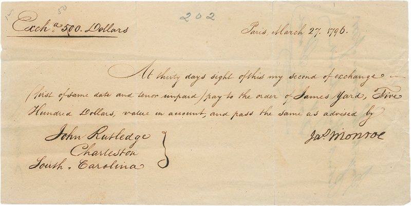 Lot 2600, Auction 127, Monroe, James, Handschriftlicher Scheck (Wechsel). 1796