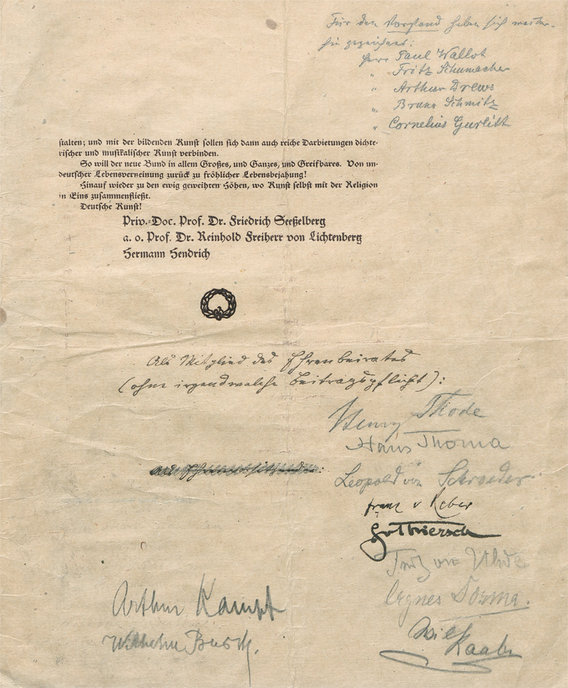 Lot 2618, Auction 127, Verdhandi-Bund. Signierte Programmschrift, Druck mit 10 Künstler-Signaturen. 1907